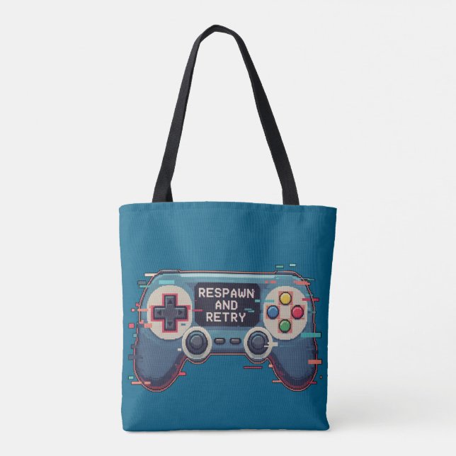 Bolso De Tela Respawn and Retry - Retro Gaming Glitch Art (Reverso)
