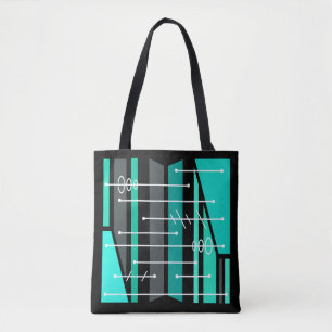 Bolso De Tela Resumen atómico arte geométrico negro turquesa