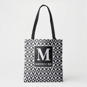 Bolso De Tela Resumen de Chevron de Monogramo Classic Serif BW