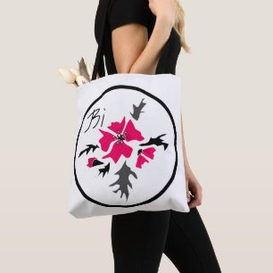 Bolso De Tela Resumen de hojas grises de flores rosadas modernas