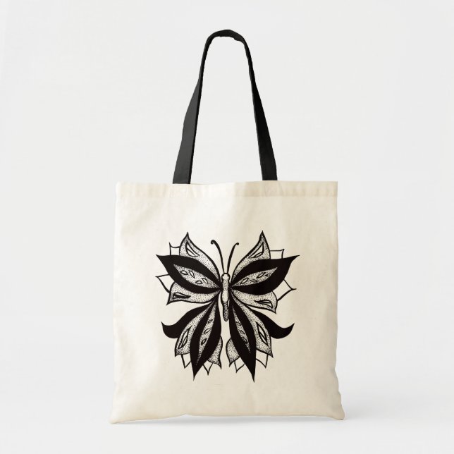 Bolso De Tela Resumen De Tatuaje De Mariposa Negro Y Blanco (Frente)