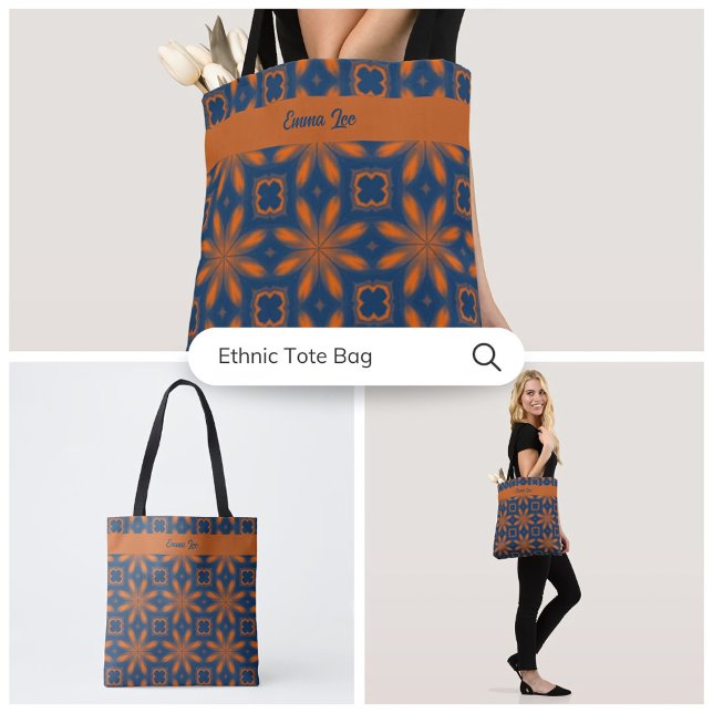 Bolso De Tela Resumen del caleidoscopio floral naranja azul oscu (Subido por el creador)