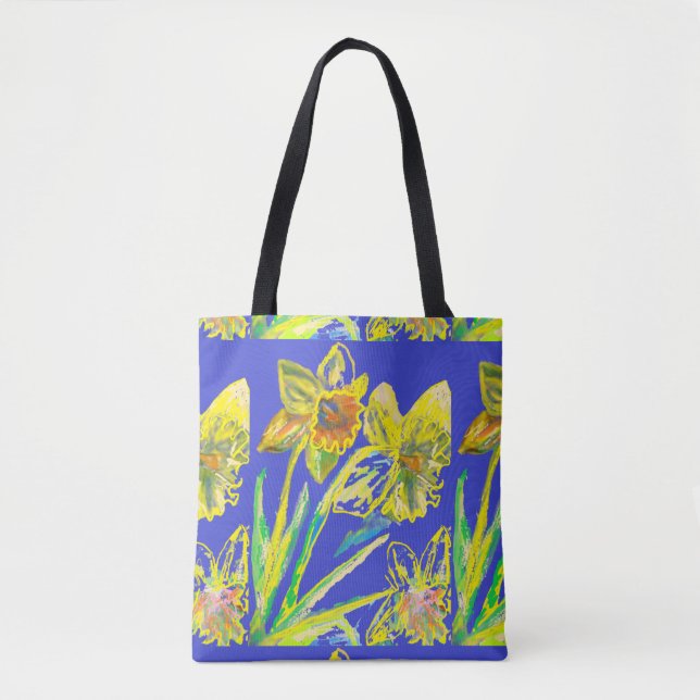 Bolso De Tela Resumen Flores Azules Amarillas Daffodil Arte Flor (Anverso)