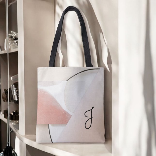 Bolso De Tela Resumen moderno neutro de tono terrestre con monog (Personalize this custom tote with your monogram initial.)