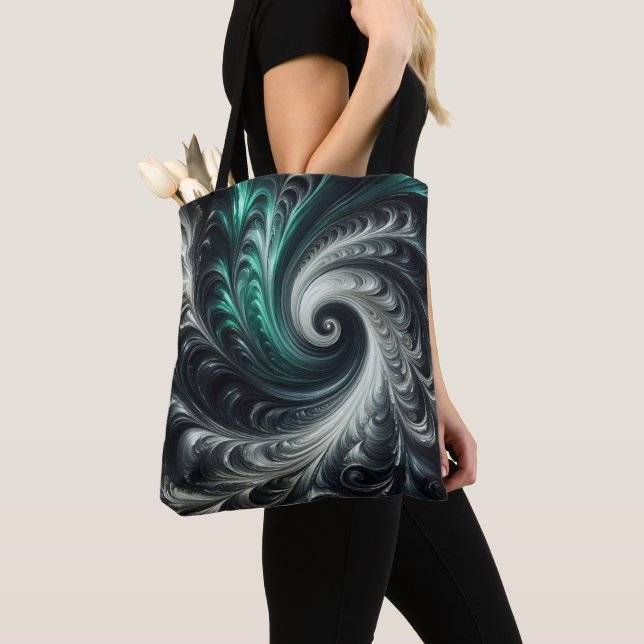 Bolso De Tela Resumen Moderno Swirling Green, Silver y Black (Detalle)