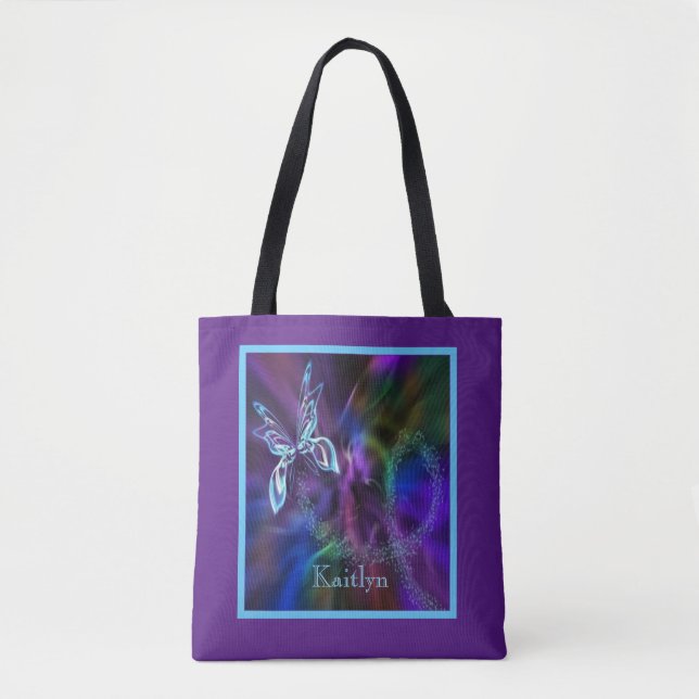 Bolso De Tela Resumen Neon Blue Purple Bright Butterfly Tote (Anverso)