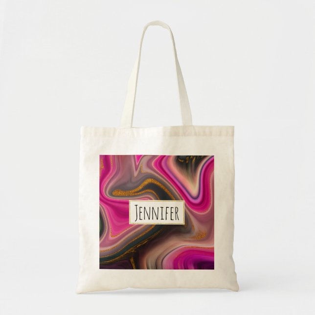 Bolso De Tela Resumen rosa y negro con naves doradas (Frente)
