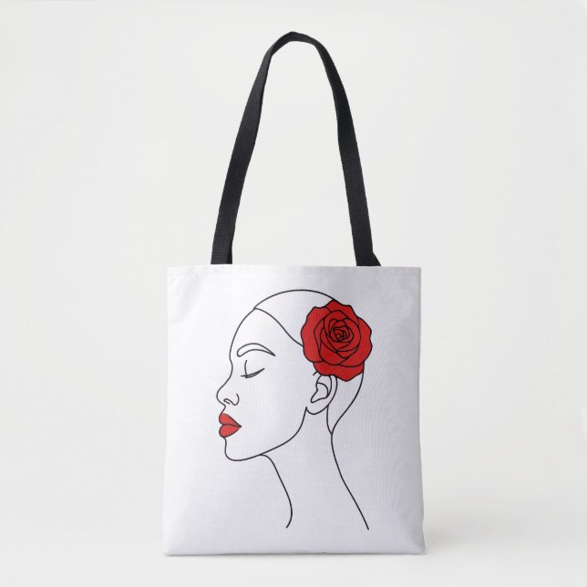 Bolso De Tela Retrato artístico de mujer con rosa rojo (Anverso)