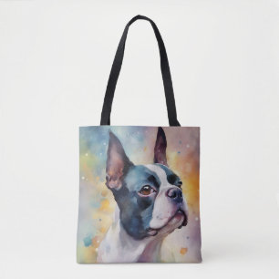 Bolso De Tela Retrato de color de agua digital de Boston Terrier
