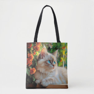Bolso De Tela Retrato de gato de Ragdoll con flores