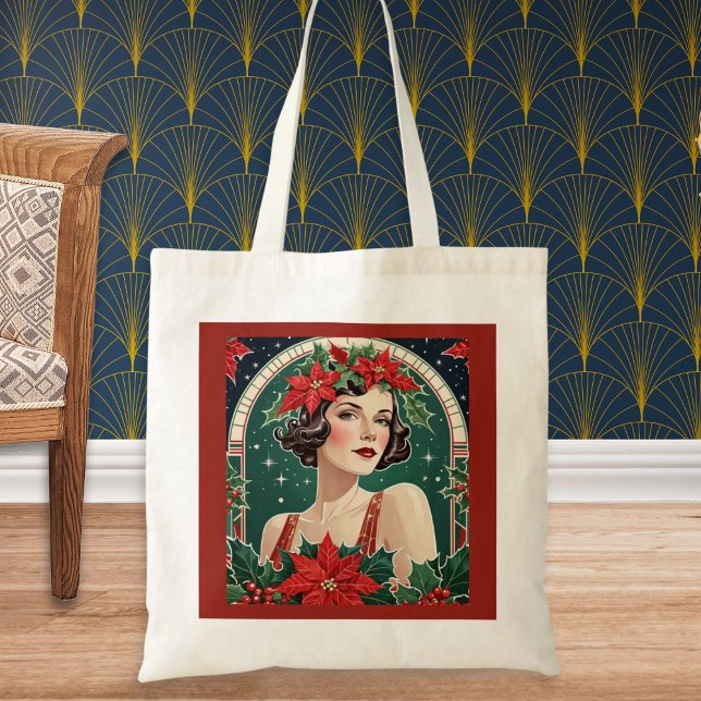 Bolso De Tela Retrato de inspiración Art Déco - Navidades elegan (A Christmas tote bag with picture of an elegant lady, inspired by Art Deco style)