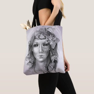 Bolso De Tela Retrato de mujer con polillas Surreal Oscuro Fanta