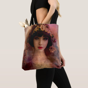 Bolso De Tela Retrato de mujer hermosa de color rosa al estilo v