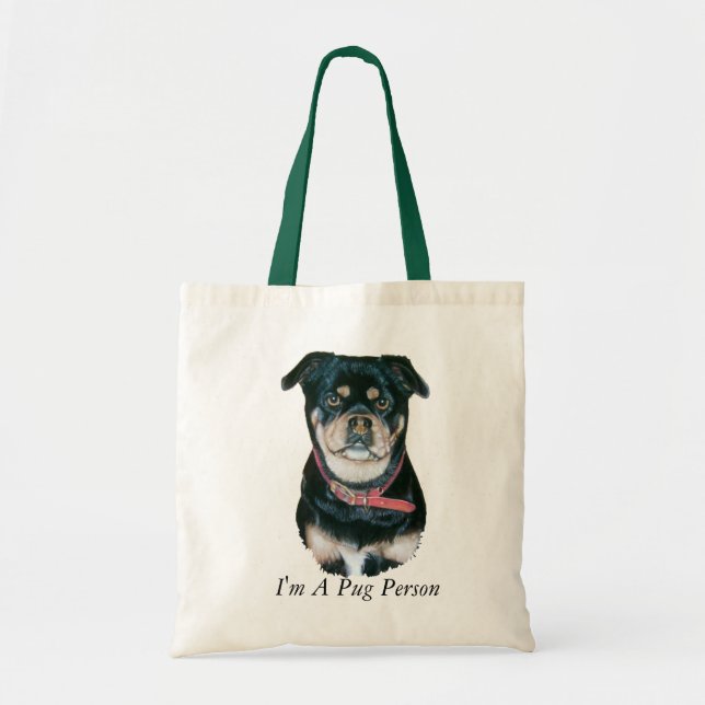 Bolso De Tela retrato de perro negro y bronceado con eslogan pug (Frente)