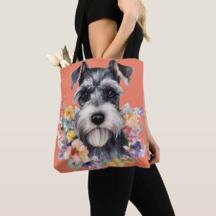 Bolso De Tela Retrato de Schnauzer con flores