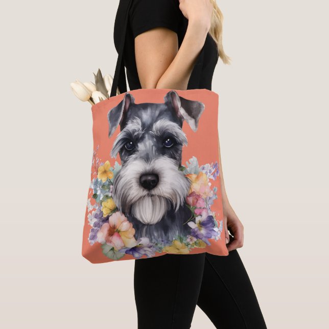 Bolso De Tela Retrato de Schnauzer con flores (Detalle)