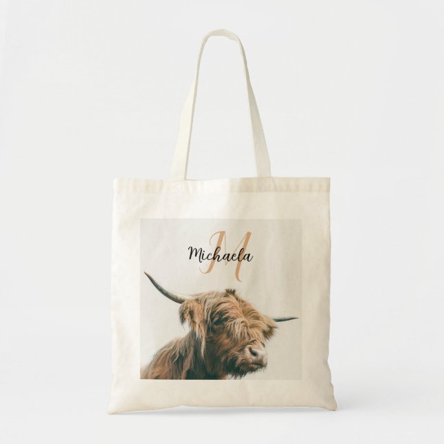 Bolso De Tela Retrato de vaca de Highland nombre personalizado m (Frente)