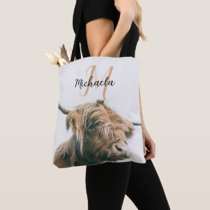 Bolso De Tela Retrato de vaca de Highland nombre personalizado m