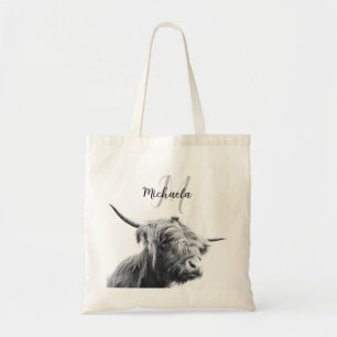 Bolso De Tela Retrato de vaca Highland monograma inicial blanco