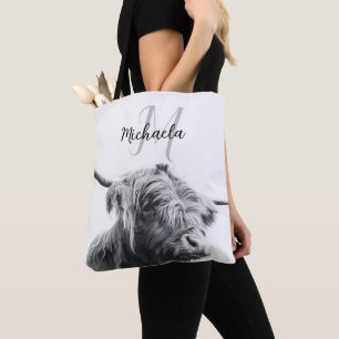 Bolso De Tela Retrato de vaca Highland monograma inicial blanco