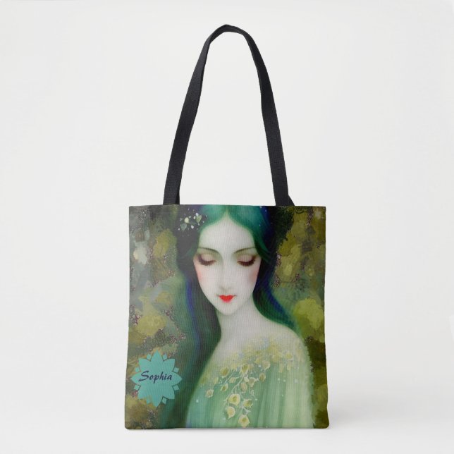 Bolso De Tela Retrato elegante de mujer fantastica en verde y az (Anverso)