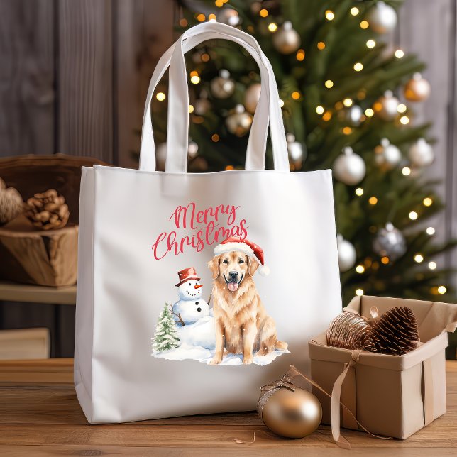 BOLSO DE TELA RETRIVER DE GOLDEN SANTA HAT MERRY CHRISTMAS (SHOPPER FOR DOG STUFF WITH CHRISTMAS THEME GOLDEN RETRIVER SNOW MAN MERRY CHRISTMAS PINE TREE)