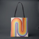 Bolso De Tela Retro 1970s Style Arched Stripes Geometric Pattern<br><div class="desc">This artwork channels a retro graphic spirit, forming the letter‑like curve with parallel bands of red, orange, yellow, light blue, teal, and purple. The layered arcs flow in harmony, evoking the bold optimism of 1970s design. Set against a soft beige background, the vibrant rainbow palette stands out with clarity and...</div>