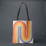 Bolso De Tela Retro 1970s Style Arched Stripes Geometric Pattern<br><div class="desc">This artwork channels a retro graphic spirit, forming the letter‑like curve with parallel bands of red, orange, yellow, light blue, teal, and purple. The layered arcs flow in harmony, evoking the bold optimism of 1970s design. Set against a soft beige background, the vibrant rainbow palette stands out with clarity and...</div>