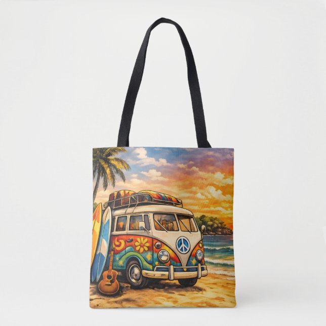 Bolso De Tela Retro 60s Hippie Beach Bus Sunset | Surf Life Art (Anverso)