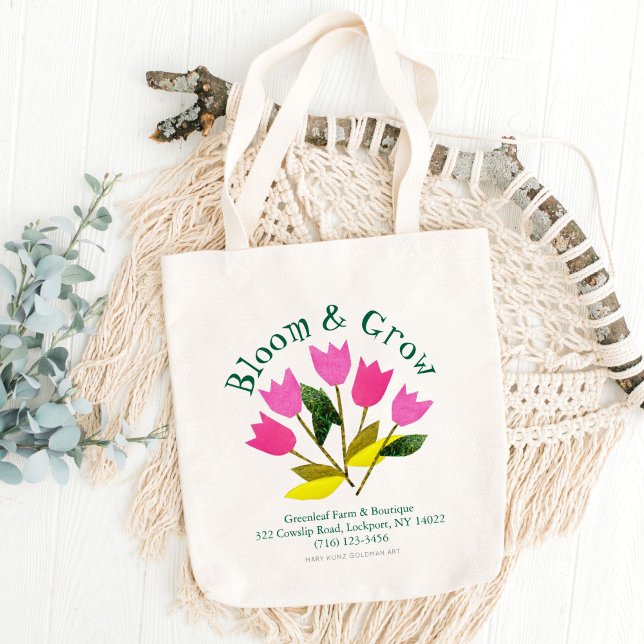 Bolso De Tela Retro Bloom & Grow Floral Garden Boutique (These retro pink tulips are my own original art. Your business info appears in classic typography.)