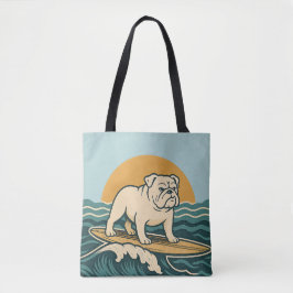 Bolso De Tela Retro Bulldog Surfer | Blue Surf Dog Graphic Beach