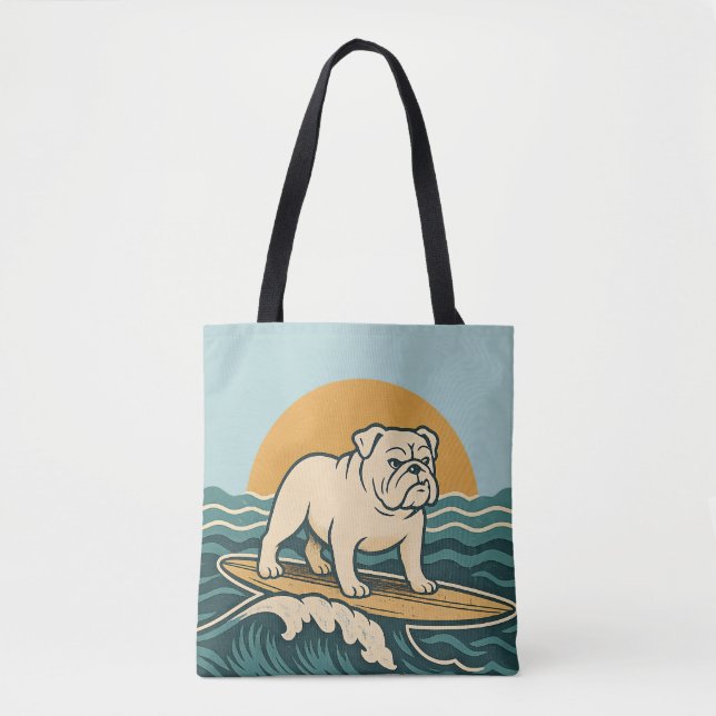 Bolso De Tela Retro Bulldog Surfer | Blue Surf Dog Graphic Beach (Anverso)