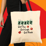 Bolso De Tela Retro Bunco<br><div class="desc">Diseño retro de Bunco con dados rojos. El diseño incluye colores retro de los años 50. Buenos amigos,  buenos tiempos y buenas risas son un gran premio o regalo.</div>