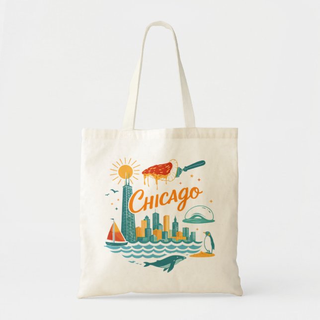 Bolso De Tela Retro Chicago Skyline Illustration (Frente)