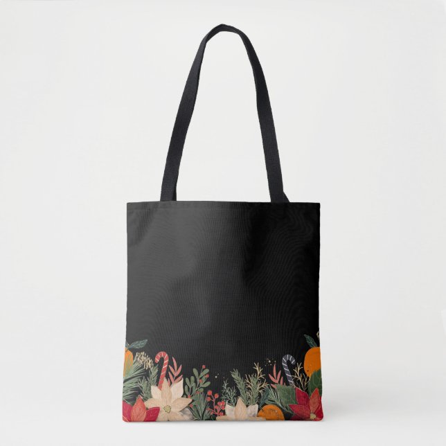 Bolso De Tela Retro Christmas floral pattern in black (Anverso)