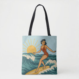 Bolso De Tela Retro Coastal Pin-Up Surfer Art | Blue Surf Beach