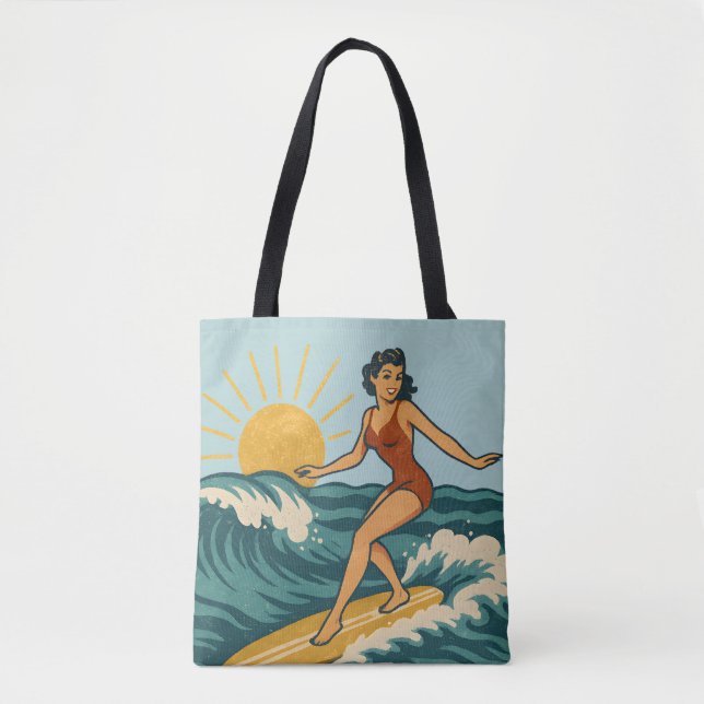Bolso De Tela Retro Coastal Pin-Up Surfer Art | Blue Surf Beach (Anverso)