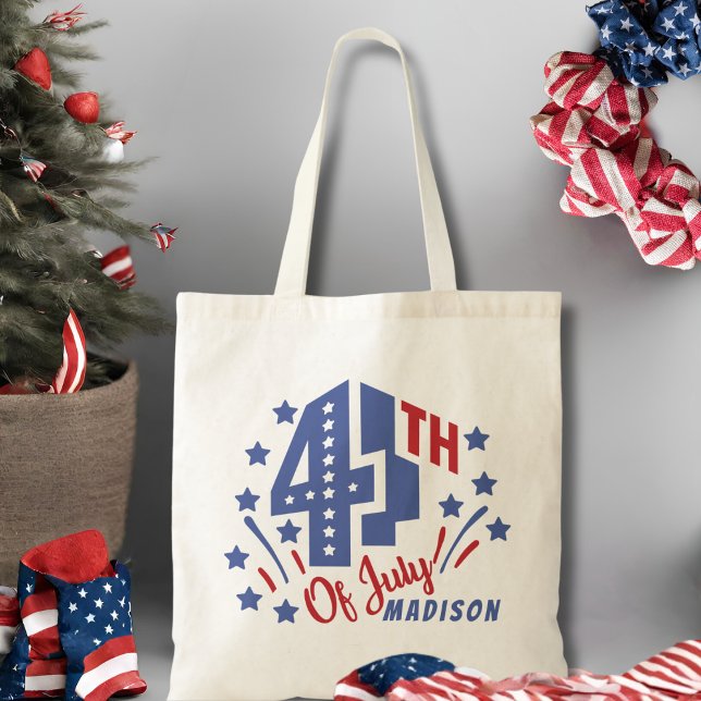 Bolso De Tela Retro Cuarto De Julio Personalizado Patriótico (Retro Fourth Of July Custom Patriotic Tote Bag. Just add your name!)