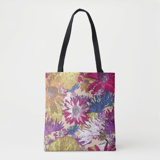 Bolso De Tela Retro, floral, flores rojas, ramo, flores azules, (Anverso)