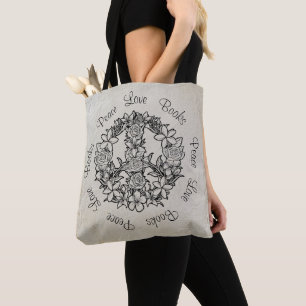 Bolso De Tela Retro Floral Peace Books Lino Blanco