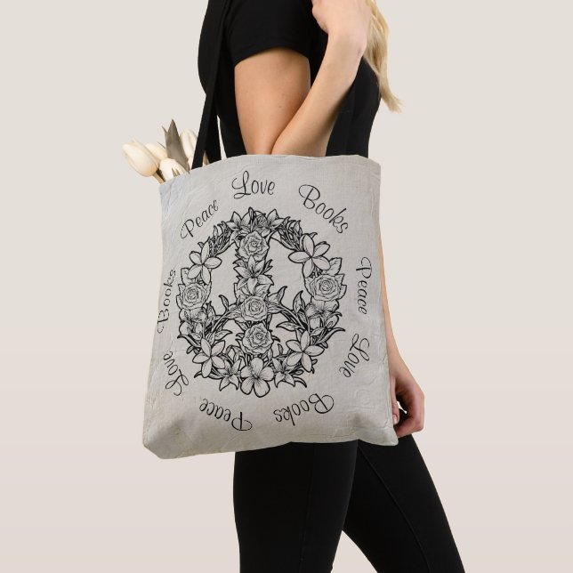 Bolso De Tela Retro Floral Peace Books Lino Blanco (Detalle)