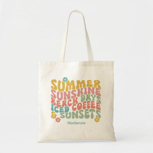 Bolso De Tela Retro Groovy Summer Pink Monograma Nombre Etiqueta