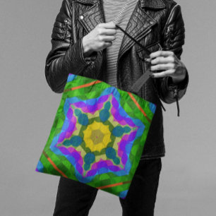 Bolso De Tela Retro Mandala Flor Amarillo Azul y Púrpura