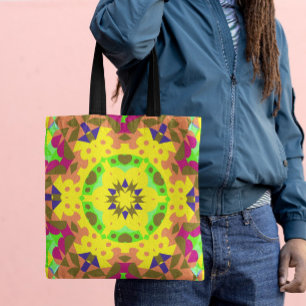 Bolso De Tela Retro Mandala Flor Amarillo Naranja Verde y Rosa