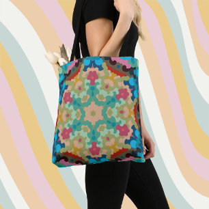 Bolso De Tela Retro Mandala Flor Azul Verde y rosa