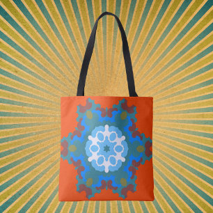Bolso De Tela Retro Mandala Flor Naranja Blanco y Azul