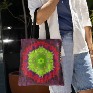 Bolso De Tela Retro Mandala Flower Green Red and Purple