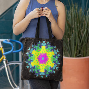 Bolso De Tela Retro Mandala Flower Pink Yellow and Blue
