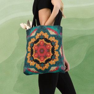 Bolso De Tela Retro Mandala Naranja azul y rojo