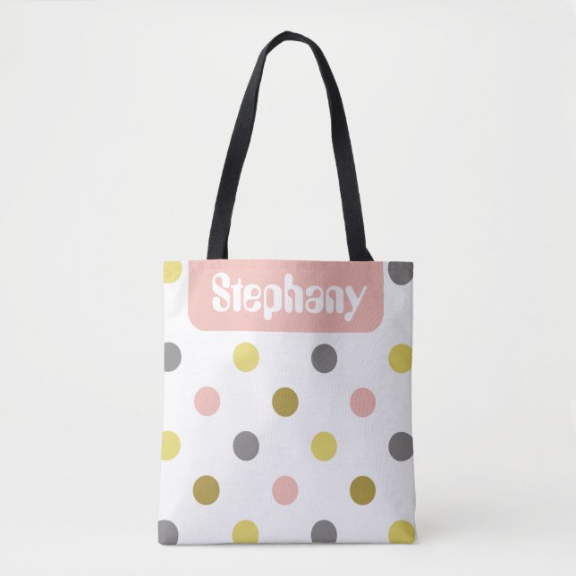 Bolso De Tela Retro Mod Polka Dots Pink Yellow Name Personalized (Anverso)